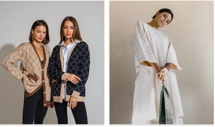 Stüdyo portrelerinde örgü giysiler, büyük blazerlar ve çağdaş moda stilini içeren dört şık kadının zarif modern kıyafetlerden oluşan kolajı.
