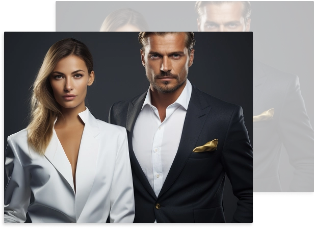 Premium moda editoryalı için şık iş kıyafetleri giymiş modaya uygun bir adam ve kadın.